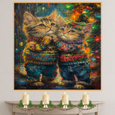 Christmas Kittens in Sweaters Festive Holiday Cats Painting Colorful Lights Adorable Winter Scene Perfect for Home Office Seasonal Decoration or Gift on Ready to Hang 1.5" Thick Canvas Wrap, Floating Framed Canvas, Flat Rolled Canvas